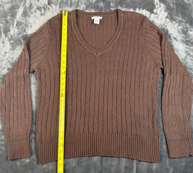 Women’s Leslie Fay Sport Cable Knit V-Neck Sweater Size XL Brown Cotton#175