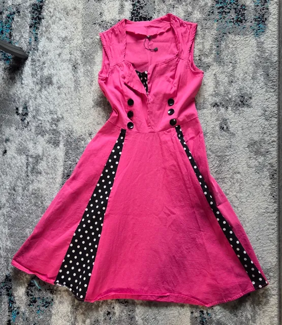Pinup Couture Flare Dress Size M Pink Black Polka Dot Sleeveless