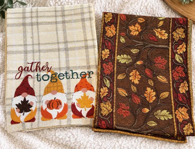 Set of 2 Fall stable Runners Gnome and Fall Leaves 72 x12