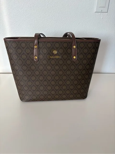 Galandai Brown Monogram Tote Bag with Gold Accents