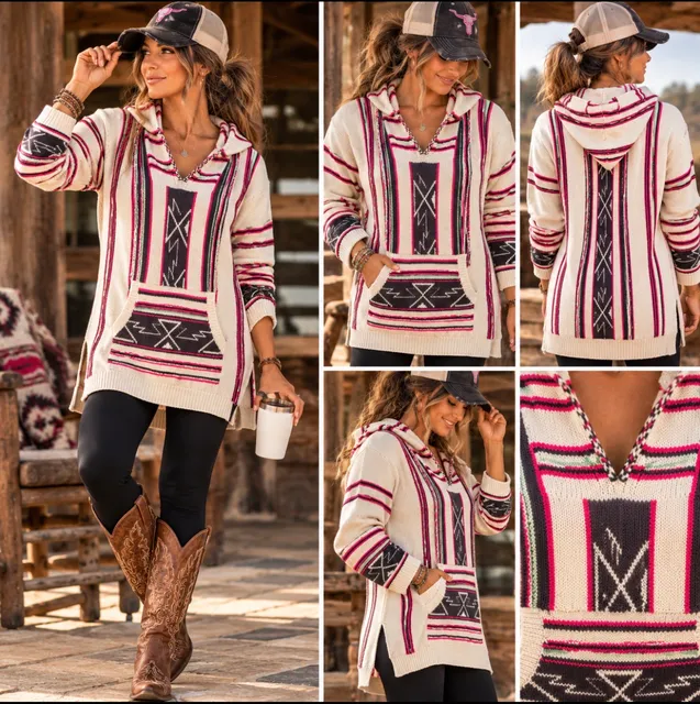Aheero Baja Hoodie Sweater M/L Pink Cream Striped Aztec Boho Western Pullover