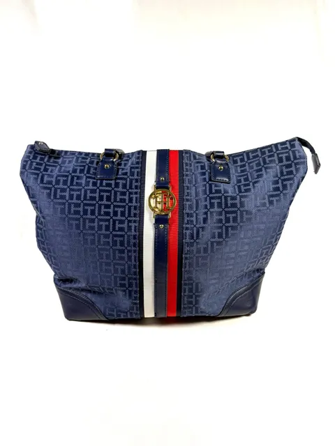 Tommy Hilfiger Women's Tote Bag Large Old Money Preppy Americana Heritage Nautical Navy Blue Monogram Jacquard Red White Stripe Gold TH Medallion Zip Top Shoulder Bag