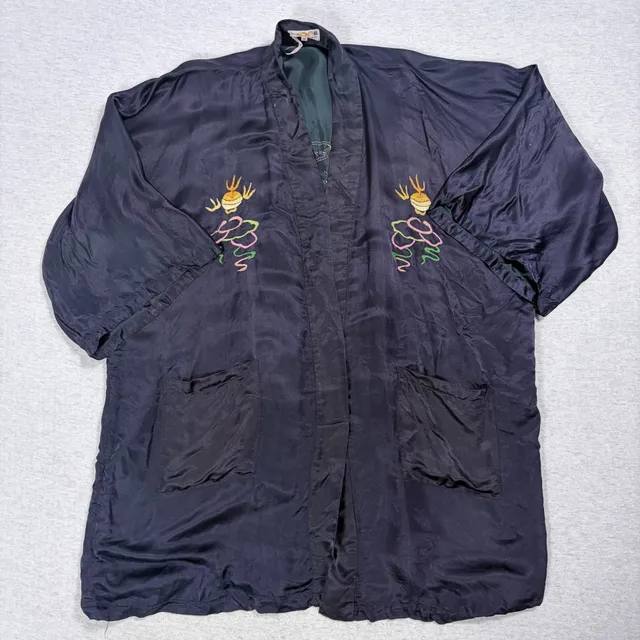 Vintage Golden Dragon Silk Robe Jacket Hand Embroidered Black Short Kimono Sz M