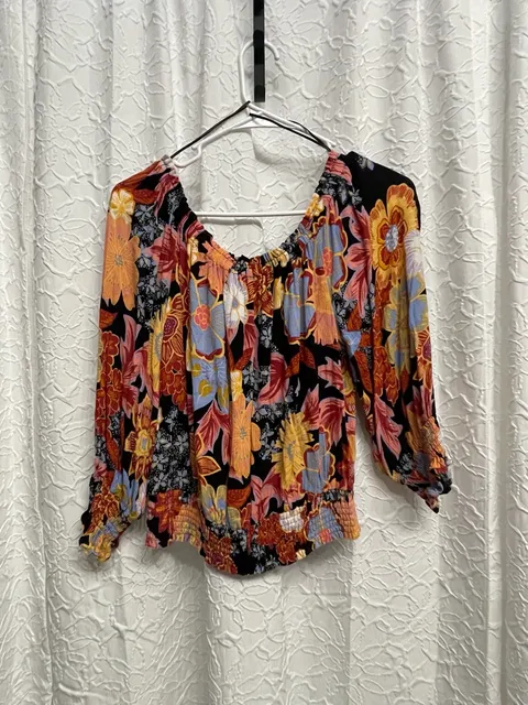 Rachel Zoe Floral Off Shoulder Smocked Blouse Top Large Boho Festival Chic