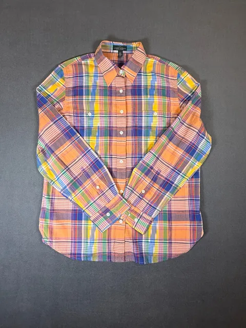 Lauren Ralph Lauren Madras Plaid Button Down Shirt Large 100% Cotton