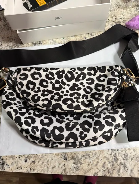 Leopard Print Crossbody Bag Black White Nylon Multi-Pocket