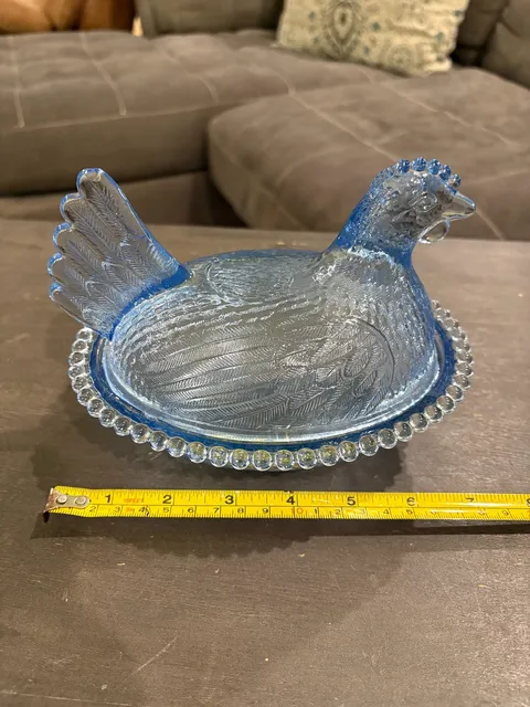 Indiana Glass Cornflower Blue Hen on Nest Candy Dish Beaded Rim