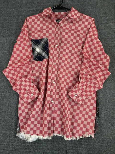 One24 Rags Checkered Flannel Shirt Size Large Red Pocket Frayed Hem