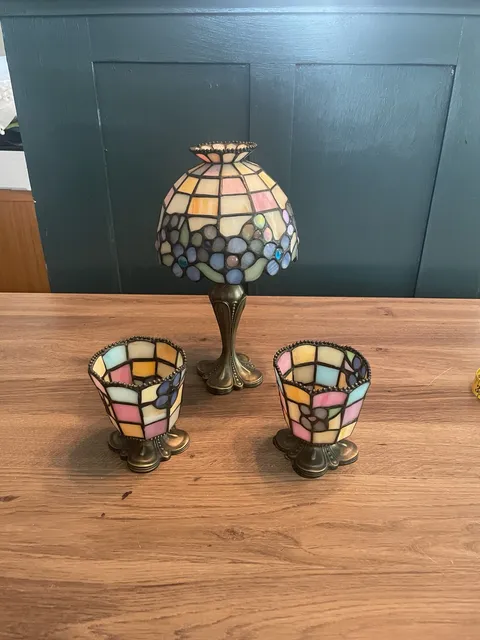 Vintage Partylite Tiffany Style Stained Glass Accent Lamp and Candle Holder Set