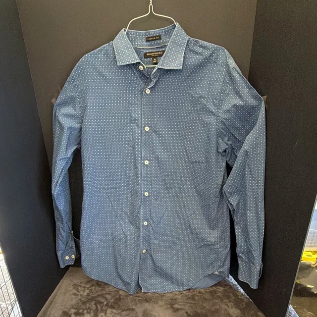 Banana Republic Men's M Camden Fit Blue Geometric Non-Iron Cotton Dress Shirt