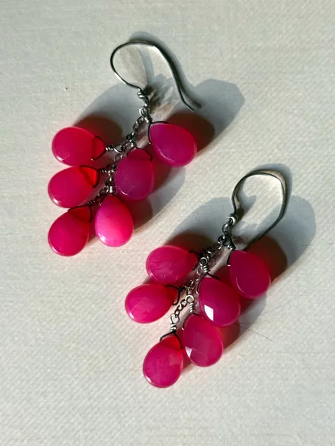 Vintage Handmade Hot Pink Chalcedony Sterling Silver Cascade Teardrop Earrings