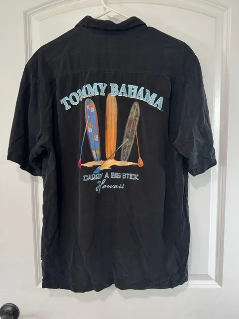 Tommy Bahama Carry A Big Stick Hawaii Surf Silk Camp Shirt Black Size L