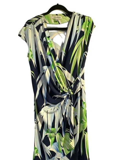 Tommy Bahama Palm Leaf Wrap Dress Size L Tropical Blue Green Navy
