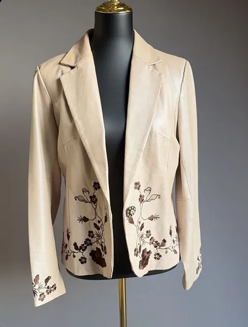Lew Magram Leather Jacket Size 10 Beige Floral Embroidered Pig Nappa Blazer