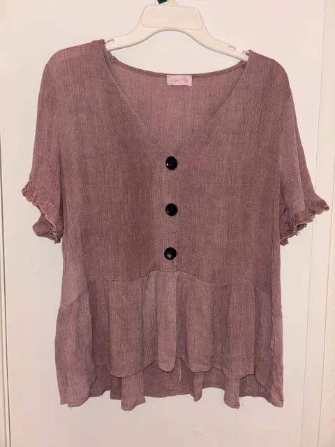 Pink Lily Peplum Blouse Size M Mauve Button Front Ruffle Sleeves