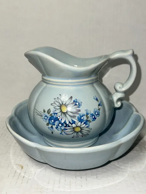 Vintage Blue Daisy Pitcher & Wash Basin Set USA Pottery 7528 Cottagecore