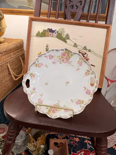 Antique Weimar Germany Porcelain Handled Cake Plate Serving Tray Rose Gold