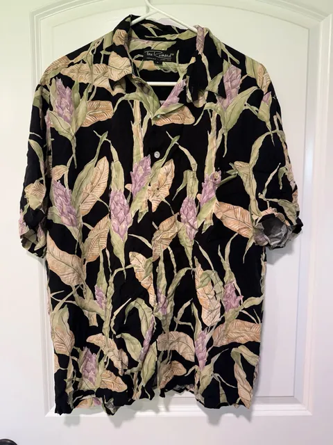 Black Tropical Floral Hawaiian Aloha Shirt Coastal Grandpa Resort Men's Size L