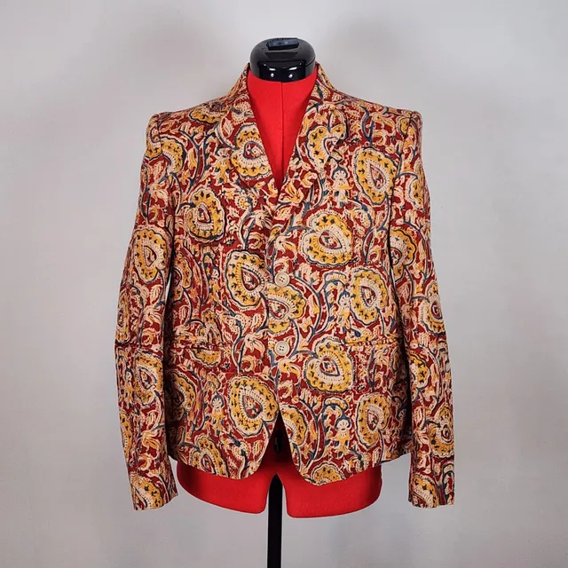 ​Vintage Red Gold Paisley Block Print Blazer Indie Sleaze Boho Statement Coat