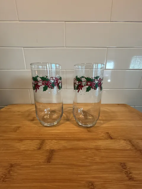 Anchor Hocking Candy Cane Holly Christmas Tumbler Glass Set of 2