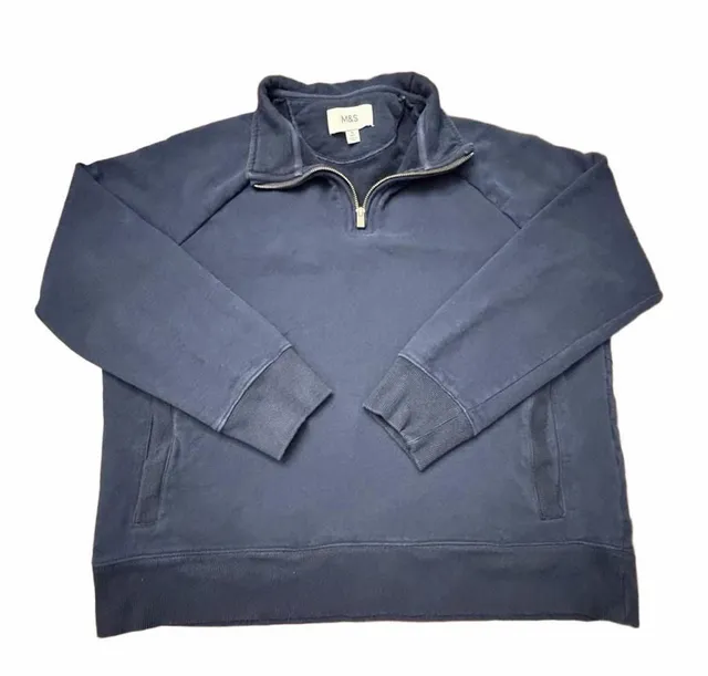 M&S Mens XL Navy Blue Quarter Zip Sweatshirt Cotton Pullover Mock Neck Casual