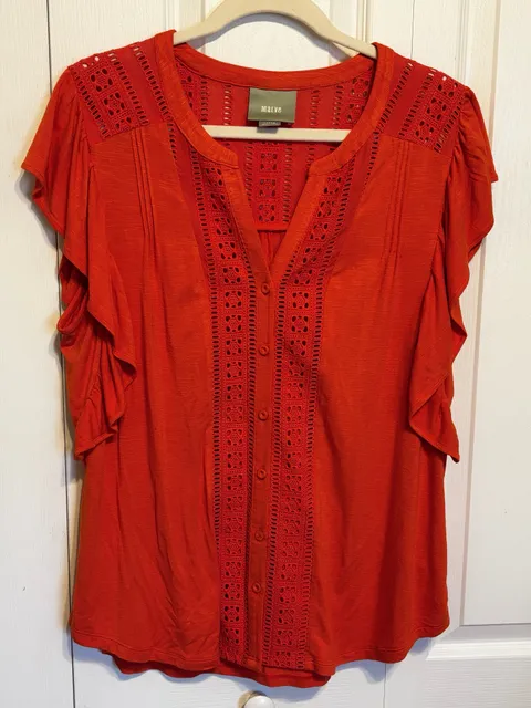 Maeve Red Lace Trim Button Front Top Size Large