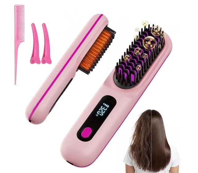 Cordless Ionic Hair Straightener Brush Pink Portable Travel Styling- Go Brush Pro