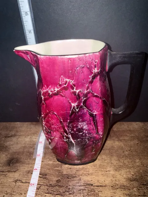 Czechoslovakia Registered Coronet Handled Pottery Pitcher Burgundy Marbled 