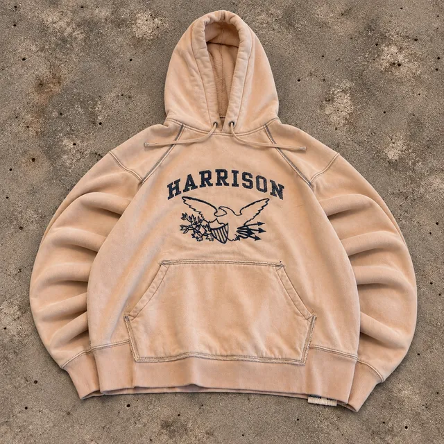 Harrison Eagle Graphic Hoodie Beige Distressed Pullover Sweatshirt