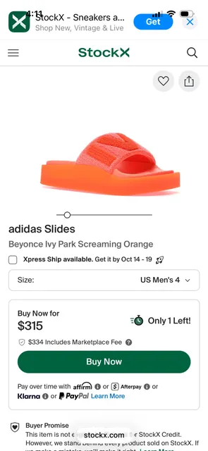 Adidas x Ivy Park IVP Slide Size 7 Men / 8 Women Orange Slides