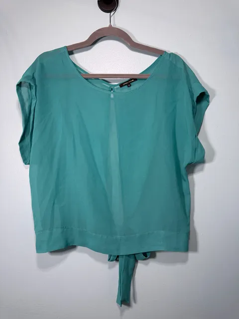River Island Blouse Size 16 Teal Green Chiffon Short Sleeve Open Back