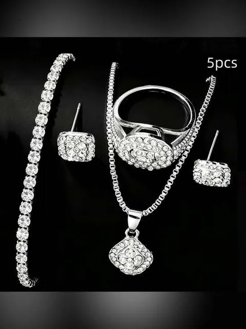 5 PC Set Sterling Silver Crystal Necklace Earrings Ring Set