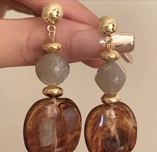 Artisan Gold Tiered Gray and Tortoiseshell Amber Resin Drop Earrings