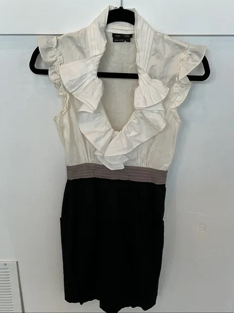 Max & Cleo Cream and Black Ruffled V-Neck Mini Dress