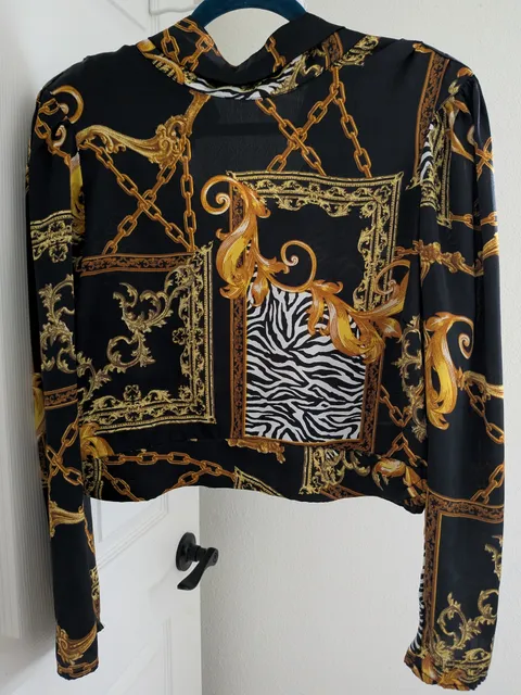 GUESS Chain Print Knot Hem Crop Blouse Black Gold