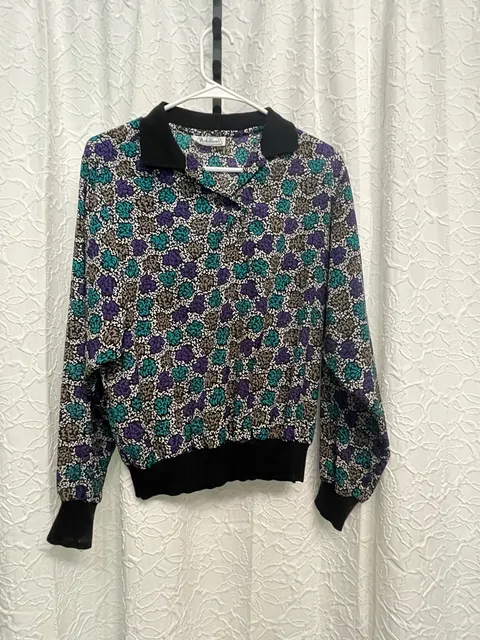 Vintage Petite Notations Floral Polo Collar Long Sleeve Blouse Retro Grannycore
