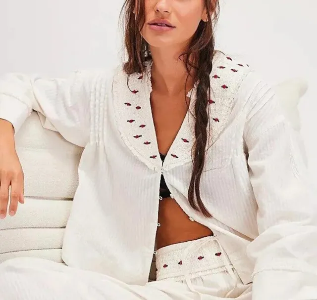 Free People Intimately Blouse Size S Ivory Embroidered Rose Top