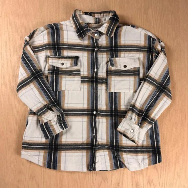The Sweatshirt Project Plaid Shirt Jacket Size L White Black Tan Shacket