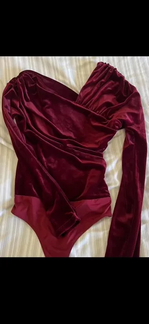 Express Velvet Bodysuit Size XS Dark Red Asymmetrical Ruched