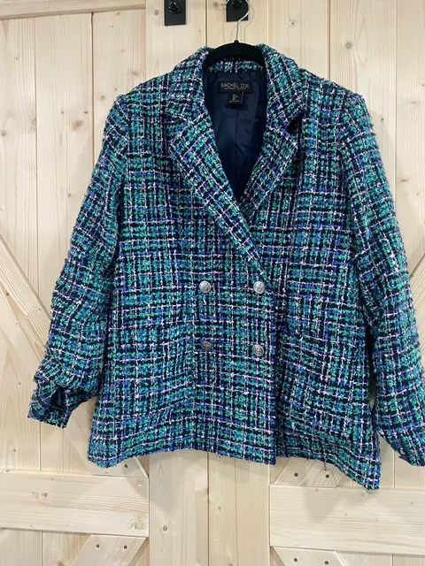 Rachel Zoe Tweed Blazer Jacket Size L Blue Green Double Breasted