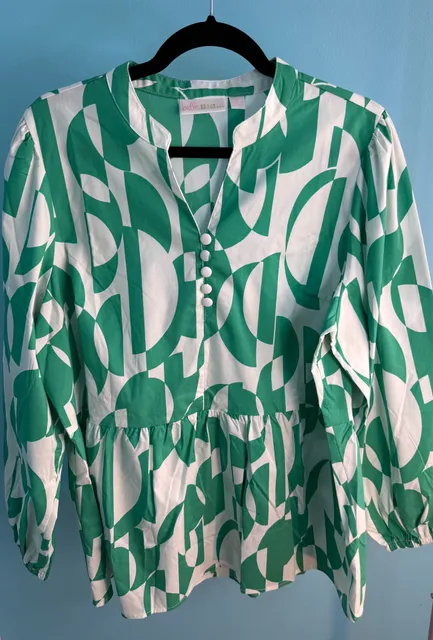Belle By Kim Gravel Geo Goddess Blouse Size L Green
