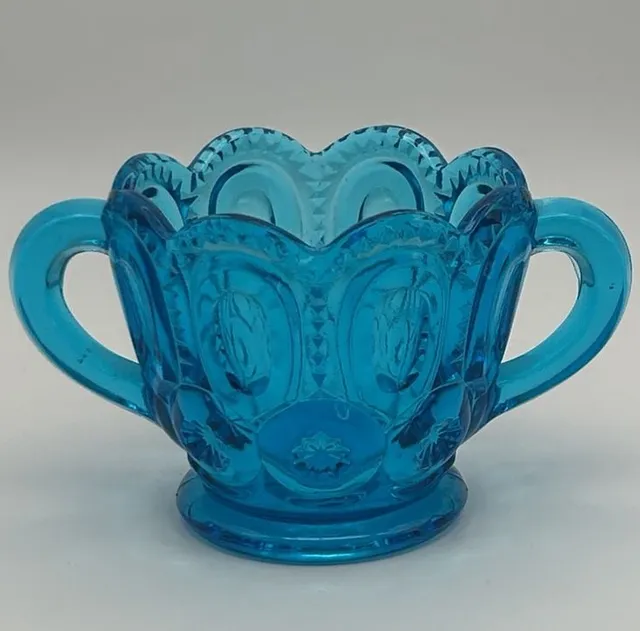 Vintage Blue LE Smith Moon And Stars Open Double Handled Sugar Bowl