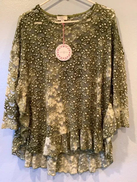Umgee Olive Green Lace Ruffle Hem Top Size M
