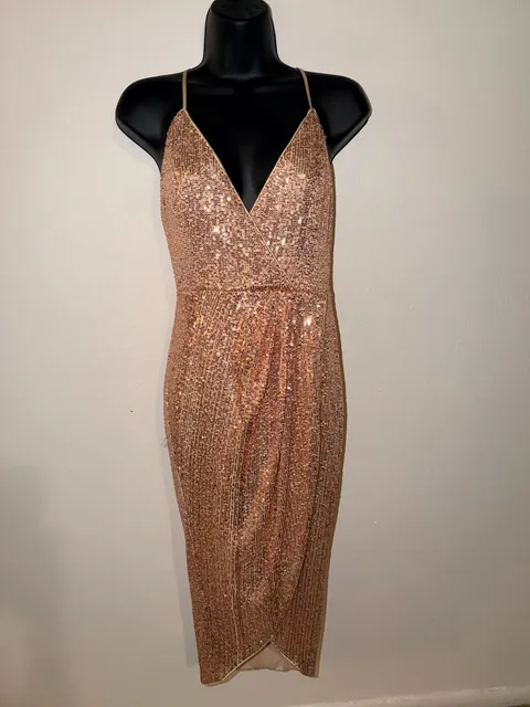 Papaya Sequin Midi Dress Size M Rose Gold V-Neck Spaghetti Strap