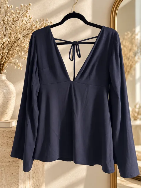 NWT Susana Monaco Women's Black Long Sleeve Top w/ Tie, Size S