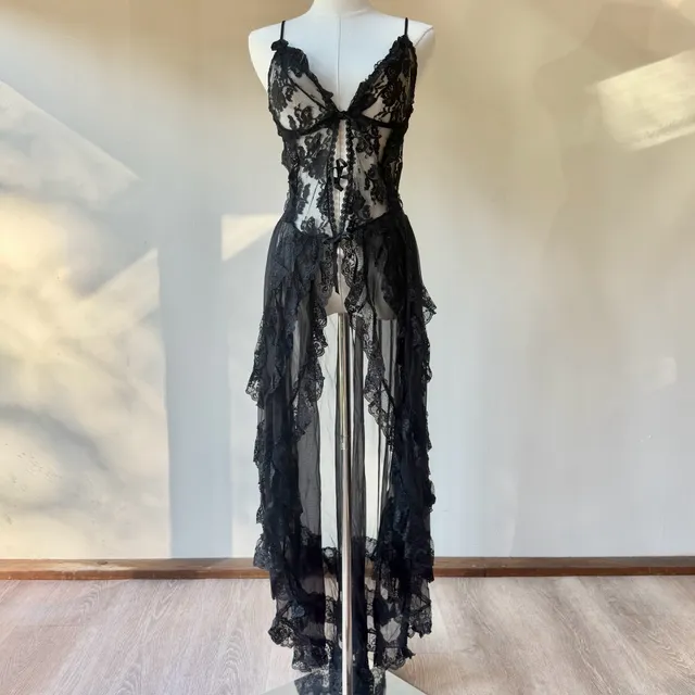 Vintage Black Lace Babydoll Lingerie Dress Nylon