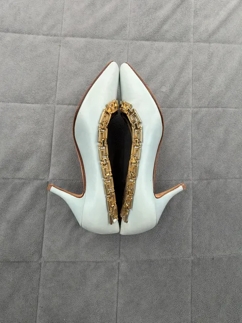 Gianni Versace Leather Gold Greek Key Accent Pumps Light Blue EU 36.5 / US 6