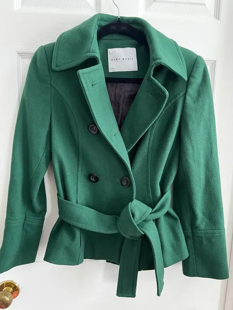 Zara Basic Wool Pea Coat Size M Green Belted Double Breasted