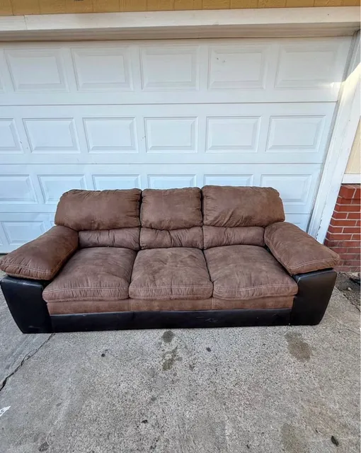 Brown Microfiber and Black Faux Leather Sofa