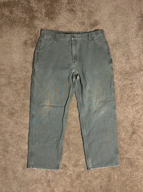 Carhartt Green Dungaree Plaid Flannel Lined Canvas Carpenter Workwear Pant 40x32